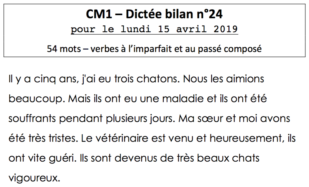 Dictees Bilan 24 Du Lundi 15 Avril 19 Blog Des Oliviens Cm1 Et Cm2